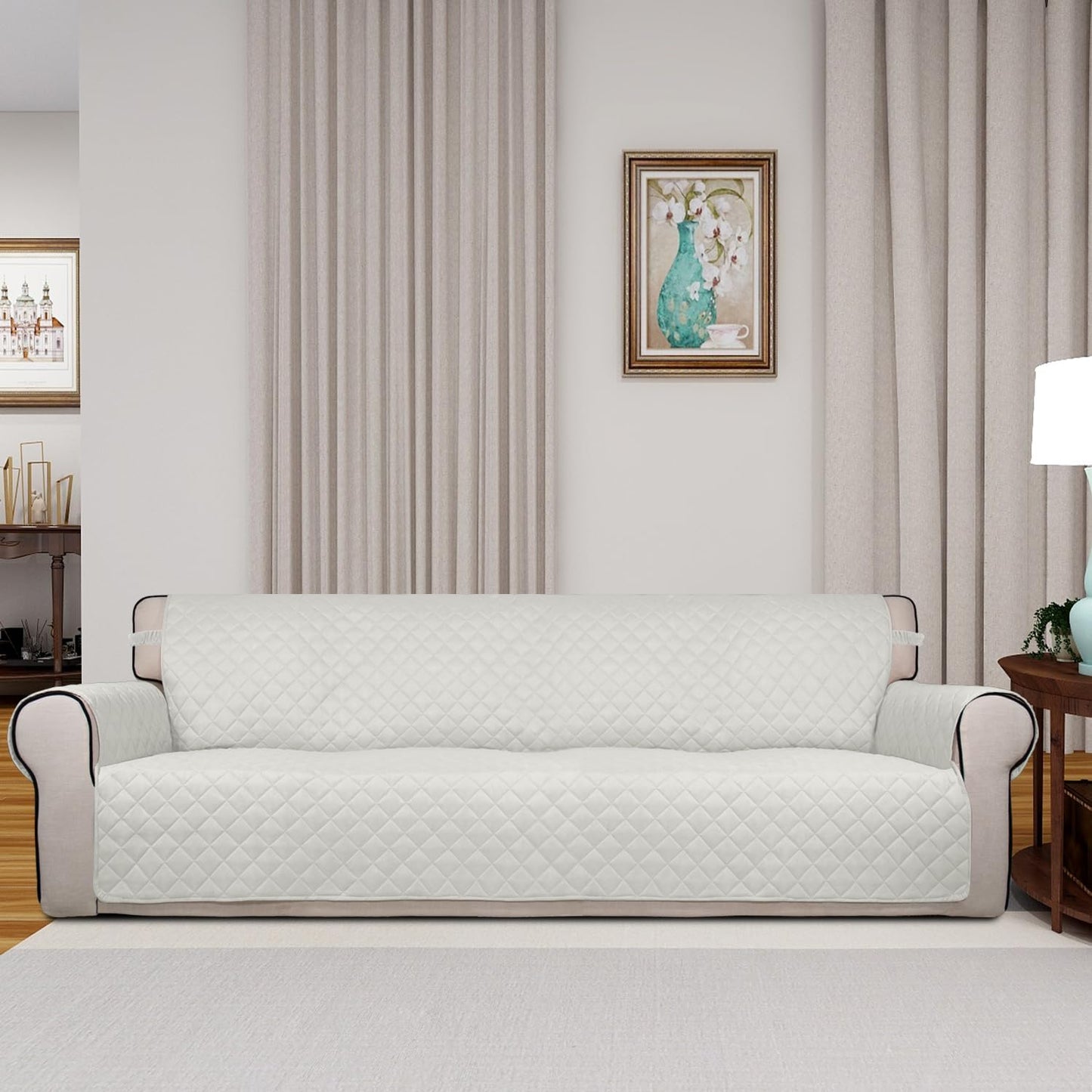 PureFit Reversible Quilted Sofa Cover, Water Resistant Slipcover Furniture Protector, Washable Couch Cover with Non Slip and Elastic Straps for Kids, Dogs, Pets (XX Large, Ivory/Ivory)