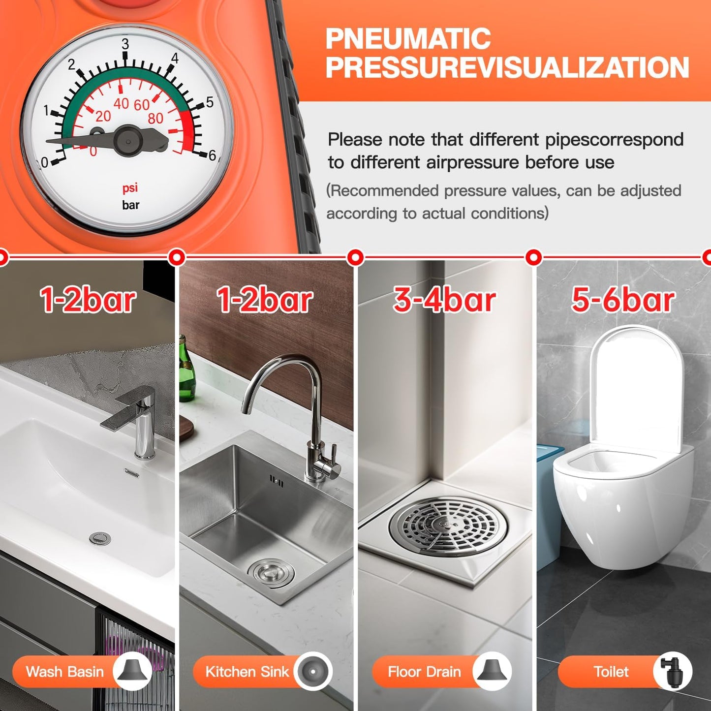 Toilet Plunger, Drain Clog Remover, High-Pressure Air Drain Blaster with Real-Time Barometer Powerful Drain Snake Sink Plunger Plumbing Tools Plungers for Bathroom, Sink, Floor, Kitchen Clogged