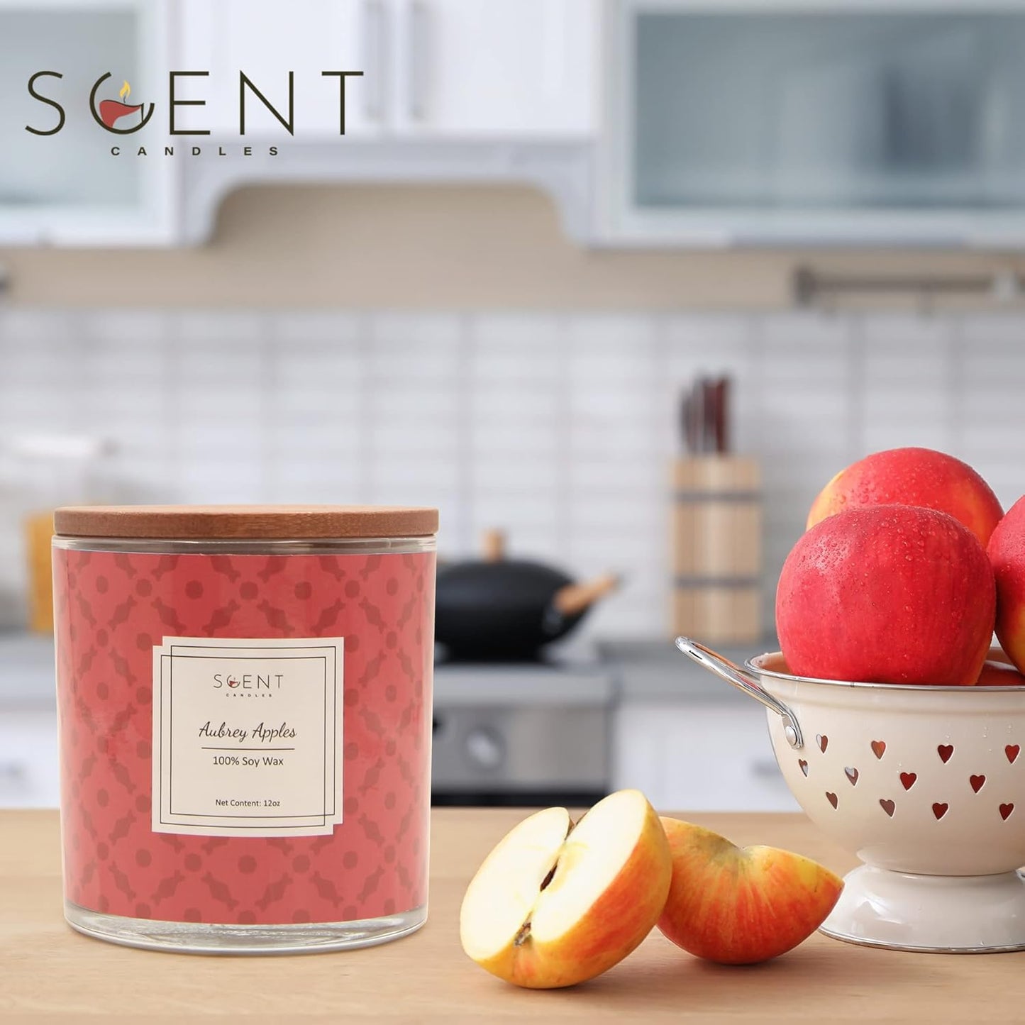 | Highly Scented Candles - Aromatherapy Candles for Home | Aubrey Apple Candle | 12oz Glass Jar | 100% Natural Soy Wax Candles | Burn Time 60-70 Hours