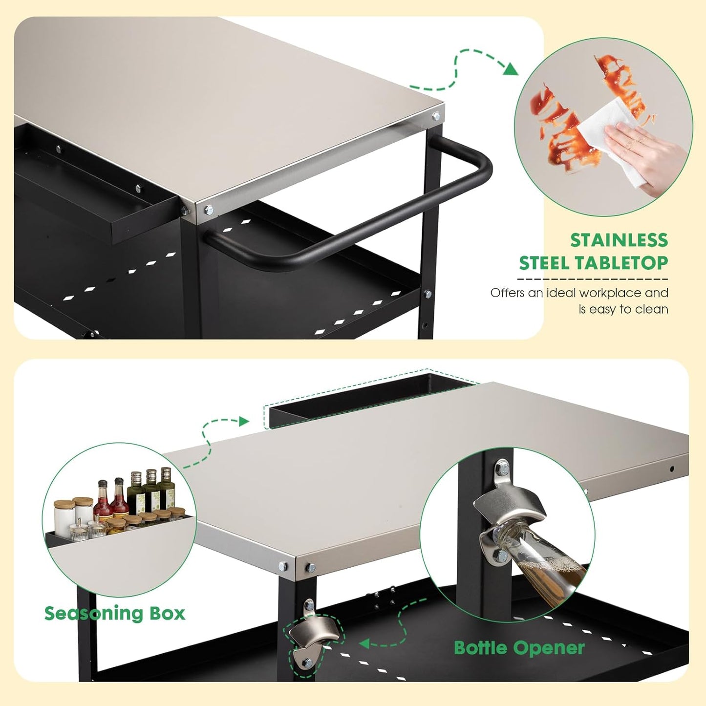 Outdoor Grill Cart Table,Indoor and Outdoor Pizza Oven Table,with 4 Movable Total Lock Casters, Hooks, Side Handle Multifunctional (Stainless Steel Table)