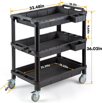 ELAFROS Multi-Use Utility Cart - 32.4x18.3 Heavy-Duty Service Cart with 3 Deep Shelves, Industrial-Grade Tool Cart Mobile Organizer, Rolling cart Holds up to 500 lbs, Black