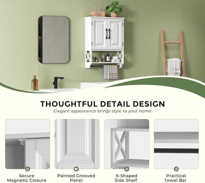 Bathroom Cabinet Wall Mounted, White Bathroom Wall Cabinets with Towel Bar and 2 Doors, Wooden Medicine Cabinet with Adjustable Shelf, Open Storage