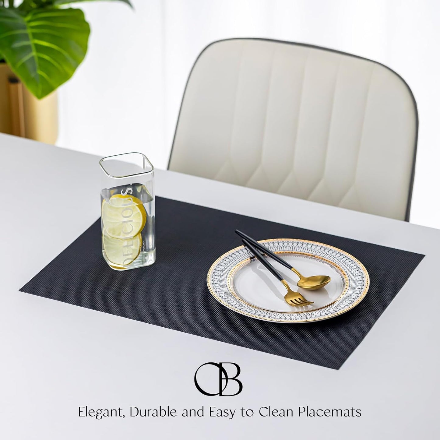 Placemats Set of 6 - Easy Clean Woven Vinyl Placemats for Dining Table, Indoor/Outdoor Place Mats, Washable PVC Table Mats（Black）