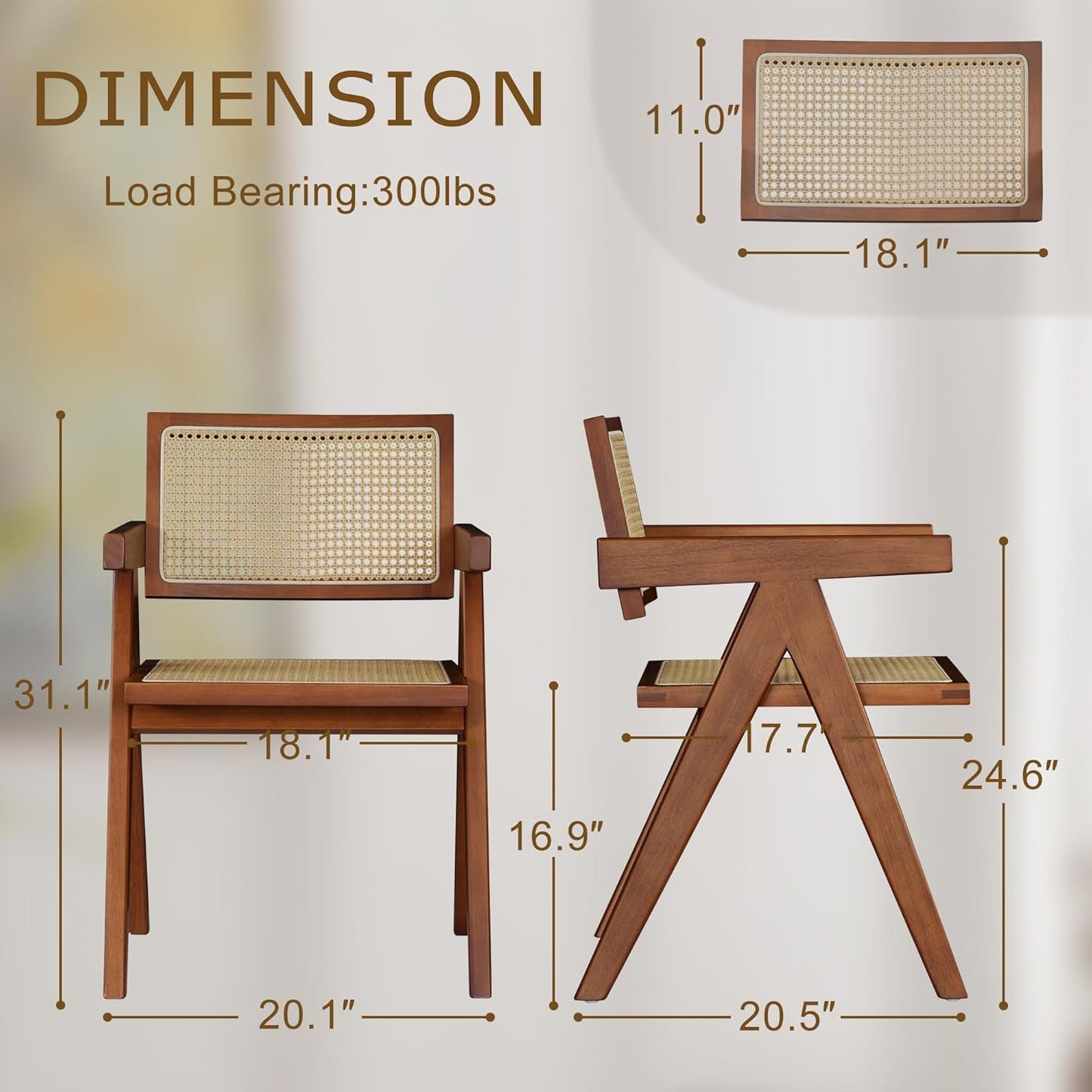 Rattan Walnut Mid Century Modern Dining Chairs Set of 4, Comfy Armchairs with Cane Back, Outdoor Kitchen Chairs for Multiple Rooms
