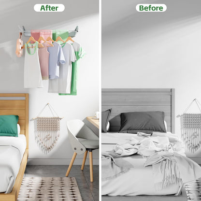 Wall Mounted Drying Rack 31.5", Foldable Clothes Drying Rack with 6 Towel Hooks and 5 Rods for Hanging Clothes, Space Saving Laundry Rack for Indoor Outdoor Bathroom Balcony Laundry Room(31.5")