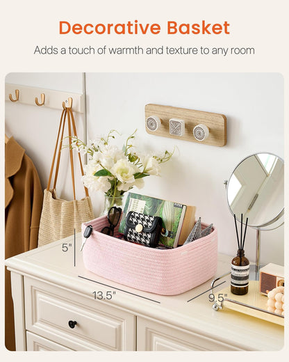 Small Woven Basket, 13.5 x 9.5 x 5 Inches, Storage Basket for Organizing, Cute Small Rope Shelf Closet Cube Storage Bins Baskets for Shelves, Dog Toy Gift Baskets Empty, 3 Pack Light Pink