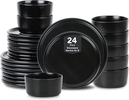 Stone Lain Eden 24-Piece Dinnerware Set Stoneware, Plates and Bowls Set, Dishwasher and Microwave Safe Dish, Dish Set for 8, Black