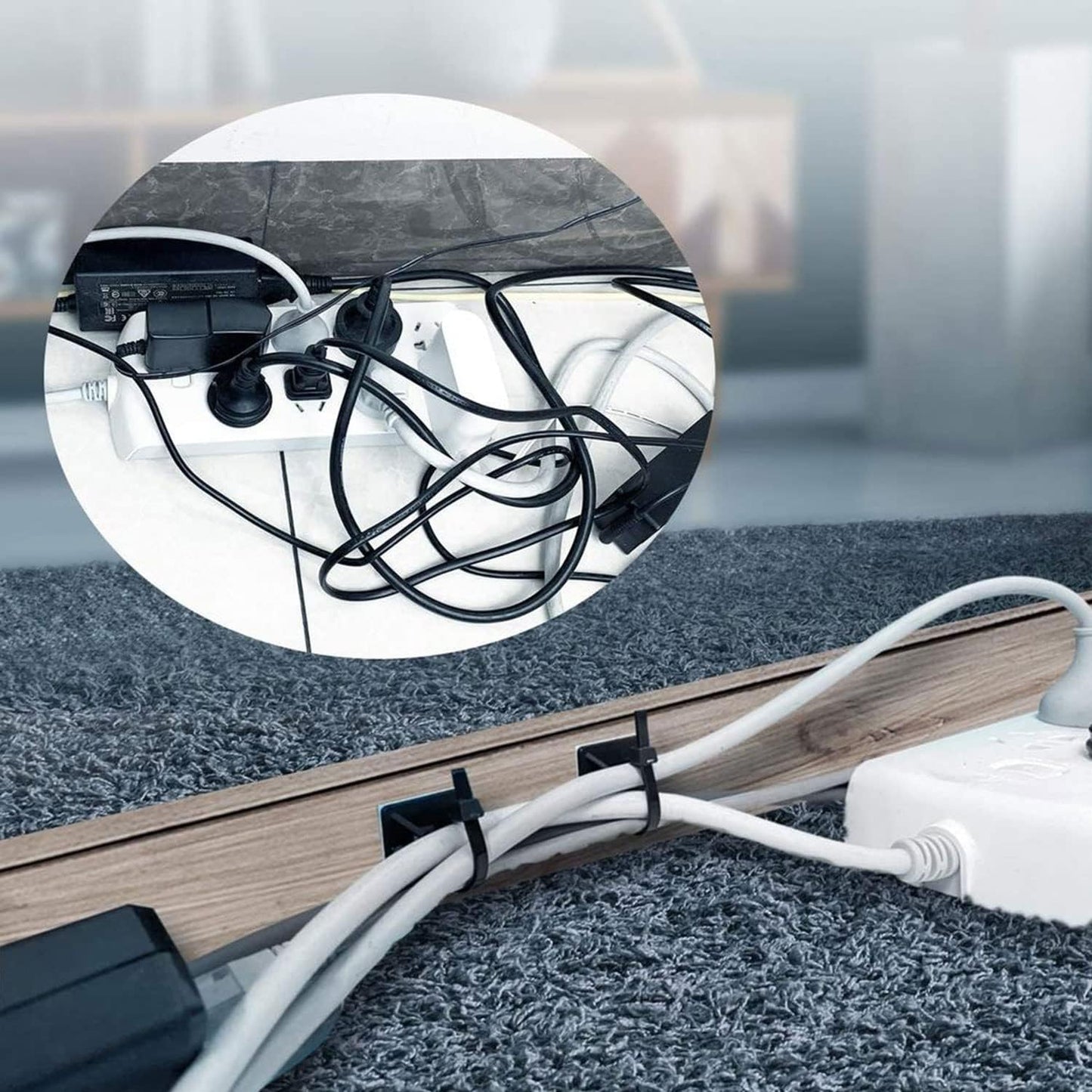 Strong Back-Glue Self Adhesive Cable Zip Tie Mounts Kit - 100 Set Cable Management Clips with 6" Zip Ties, Wire Holders - Outdoor Sticky Wire Organizer Clips-Black