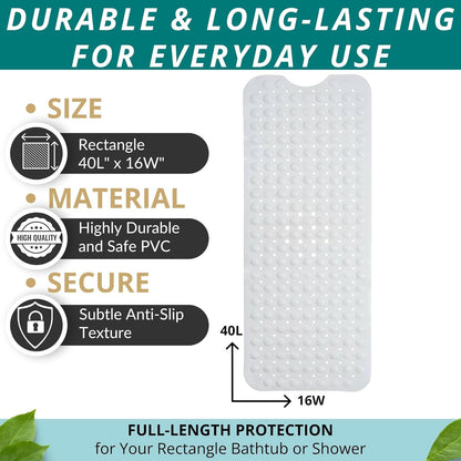 ENKOSI Bath Mat – 40 x 16 Inch Non-Slip Shower Mat for Bath Tub & Shower with Strong Suction Cups – Anti Slip Large Bathtub Mat with Drain Holes – for Smooth Floors Only (40x16 White)