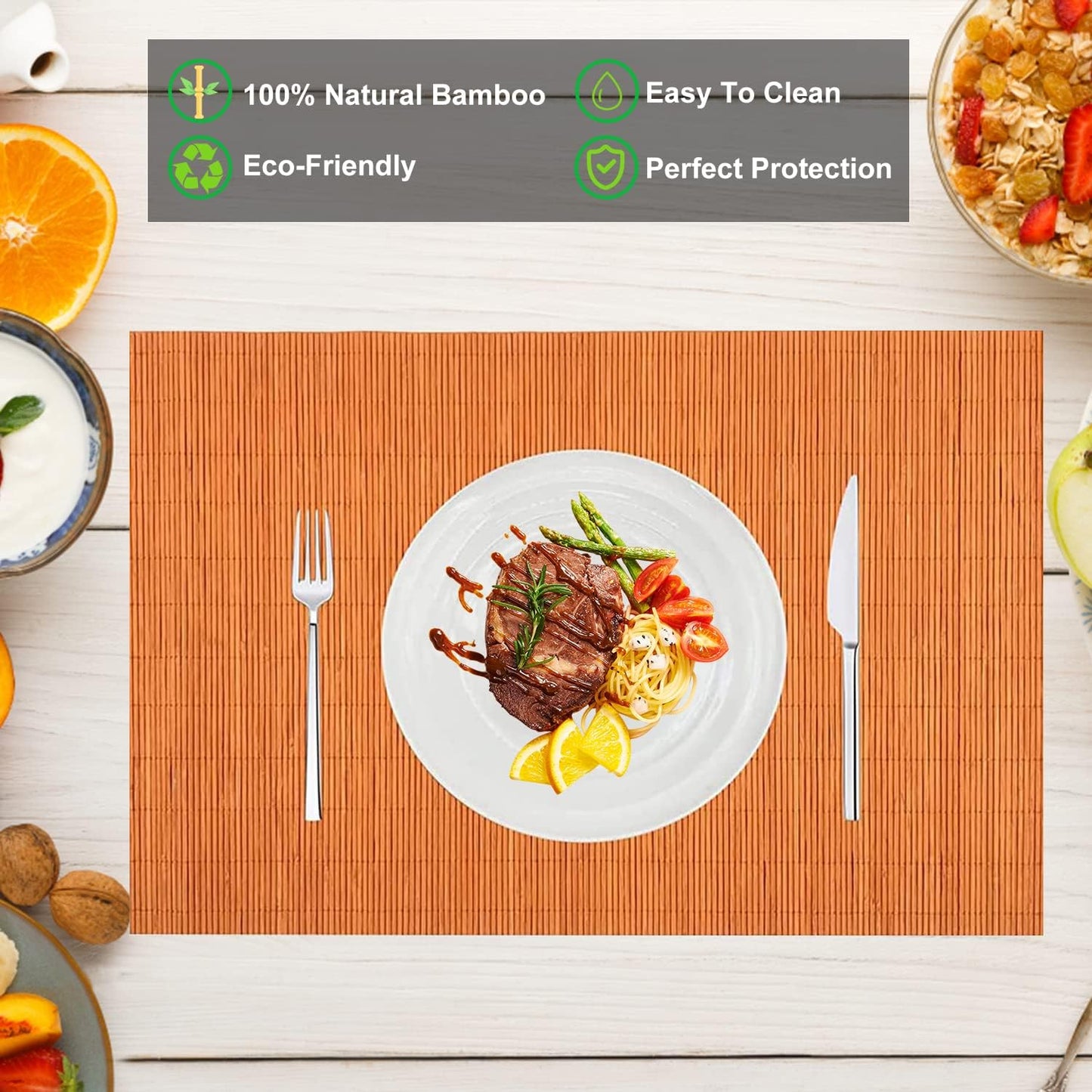 ANDSTAR Non-Slip Waterproof Placemats Set of 6 - Reusable Wipeable Table Mats for Dining Table, Kitchen, Outdoor Picnic, 12x18 Inch PVC Backed Heat Resistant Place Mats Dishwasher Safe（Orange）