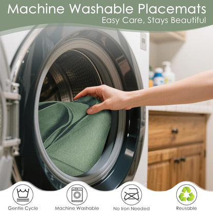 MANSPHIL Sage Green Cloth Placemats Set of 4, Washable Thick Faux Linen Place Mats Heat Resistant Double Layer Table Mats for Dining Kitchen Indoor Outdoor Use - 13x19 Inch