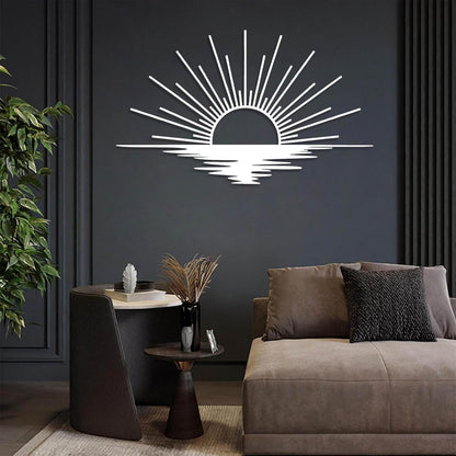 Sunrise Metal Wall Art, Metal Sun Wall Decor, Sun Outdoor Wall Art, Abstract Sunrise Wall Decor, Boho Home Hanging, Living Room Wall Hanging (White, 35"x21"/90x54cm)