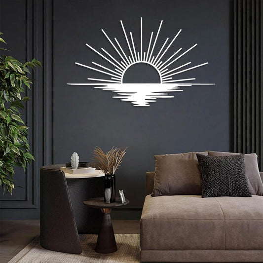 Sunrise Metal Wall Art, Metal Sun Wall Decor, Sun Outdoor Wall Art, Abstract Sunrise Wall Decor, Boho Home Hanging, Living Room Wall Hanging (White, 48"x29"/121x72cm)