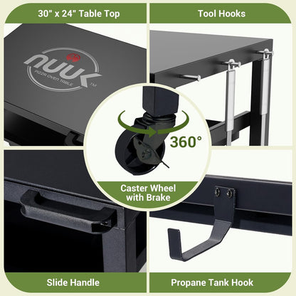 NUUK Outdoor Grill Prep Table 24"x30" Metal Grill Cart Outside 3-Layer Pizza Oven Table Movable with Universal Wheels for BBQ Backyard Patio