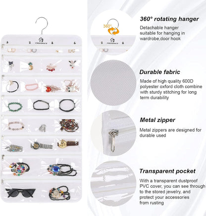 Freegrace Hanging Jewelry Organizer Revolving Hanger - Secure Zipper Closure - 25 Pockets,23 Hooks - Foldable Storage & Display Solution - For All Jewelry & Bijoux (White)