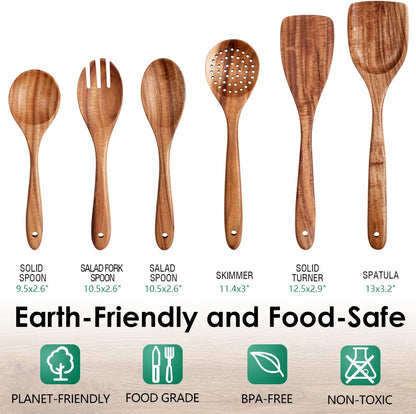 Wooden Spoons for Cooking 6 Piece - Natural Teak Wood Kitchen Utensils Set - Smooth Finish Soft Comfort-Grip Safe for Nonstick By HOWHONG
