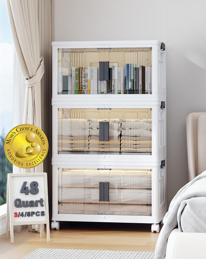 OlarHike 144QT Lockable Storage Bins with Lids - Folding Storage box with Doors and Wheels, Collapsible Plastic Storage Bins for Closets, Stackable Storage Organizer, Storage Containers, 3 Pack Cubes