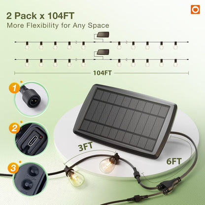 addlon 2 Pack*102FT(96+6) Solar String Lights Waterproof, Patio Lights Solar Powered with Remote & USB Port, 3 Lighting Modes 60+4 LED Shatterproof Bulbs Outdoor Light for Camping Backyard Garden