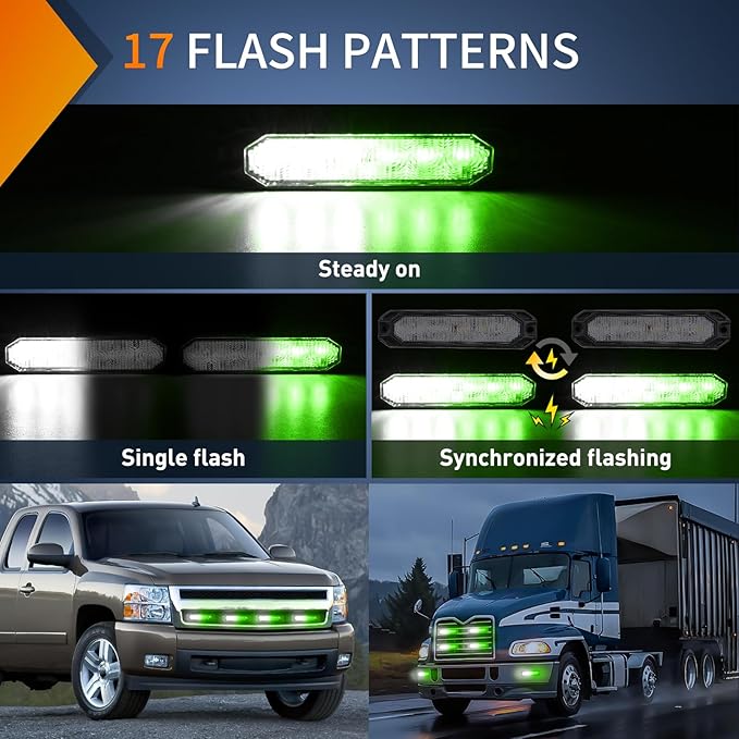 Nilight 4PCS 6LED Green White Emergency Strobe lights 12V 24V Surface Mount Flashing Warning Hazard Light Ultra Slim Sync Feature Grille for Cars Trucks Van Off Road Vehicles SUV