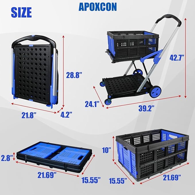 Collapsible Shopping Cart with 2 Storage Crates 2-Tier Portable Utility Cart with Swivel Wheels 200lb Capacity Heavy Duty Folding Shopping Trolley for Office Warehouse Catering (Blue)