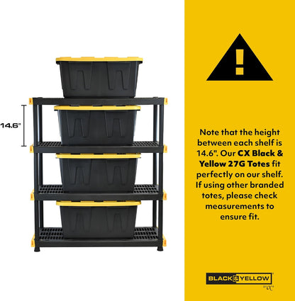 BLACK & YELLOW, 4-Tier Heavy Duty Plastic Storage Shelving Unit, 200lbs/shelf (55"H x 48"W x 20"D), for Indoor/Outdoor Organization, Modular Rack