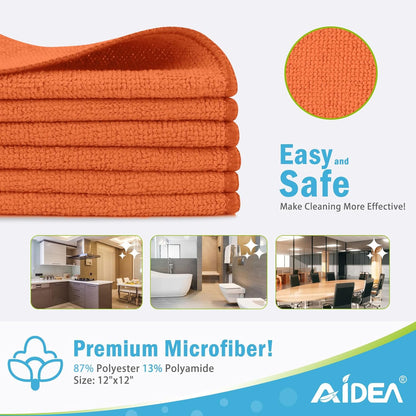 AIDEA Microfiber Cleaning Cloth-12PK, Soft Microfiber Towels for Cars, Absorbent Cleaning Rags, Lint-Free Streak-Free Wash Cloths for House, Kitchen, Window(12in.x12in), Orange
