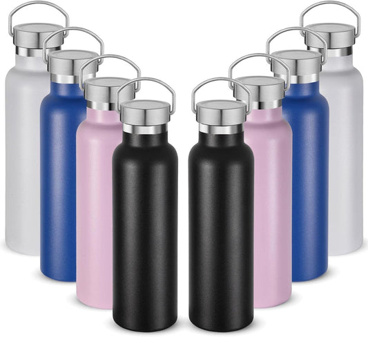Neihepal 20 oz Insulated Water Bottles Bulk 8 Pack,Stainless Steel Double Wall Sport Bottle with Lid of Handle,Metal Reusable Flask for School,Cyclists,Hikers,Gift (Mix,Set of 8)
