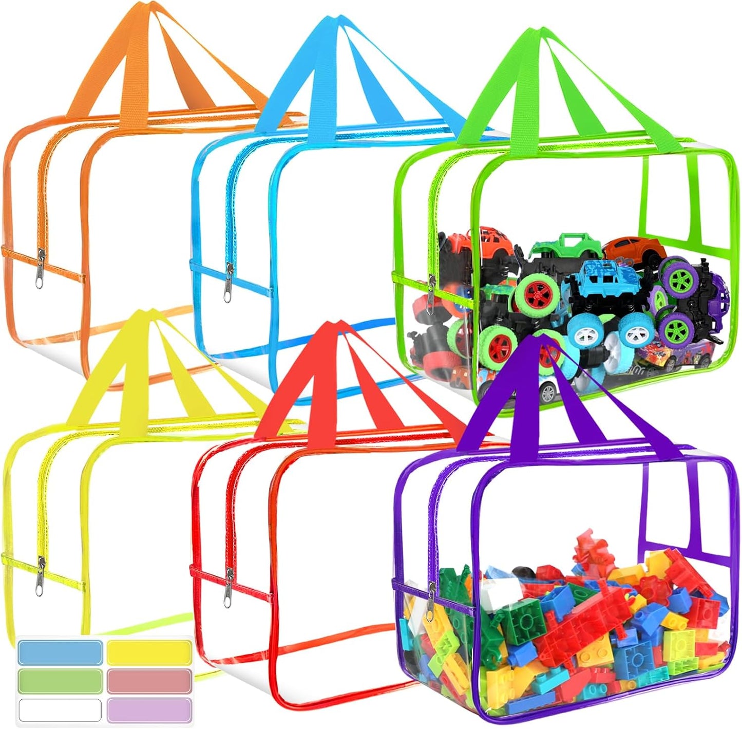 6 Colors Widen X-Large Toy Storage Bags 12.6×9.25×6.9In with Labels, Reusable Clear PVC Board Game Storage, Travel Waterproof Organizer Bags with Zipper for Building Blocks, Puzzle, Stuffed Animals
