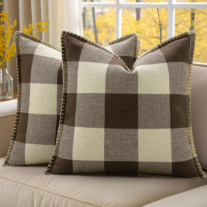 decorUhome Buffalo Plaid Check Throw Pillow Covers 20x20 Set of 2, Outdoor Decorative Farmhouse Neutral Pillow Covers with Stitched Edge for Bed Couch Sofa, Brown and Beige