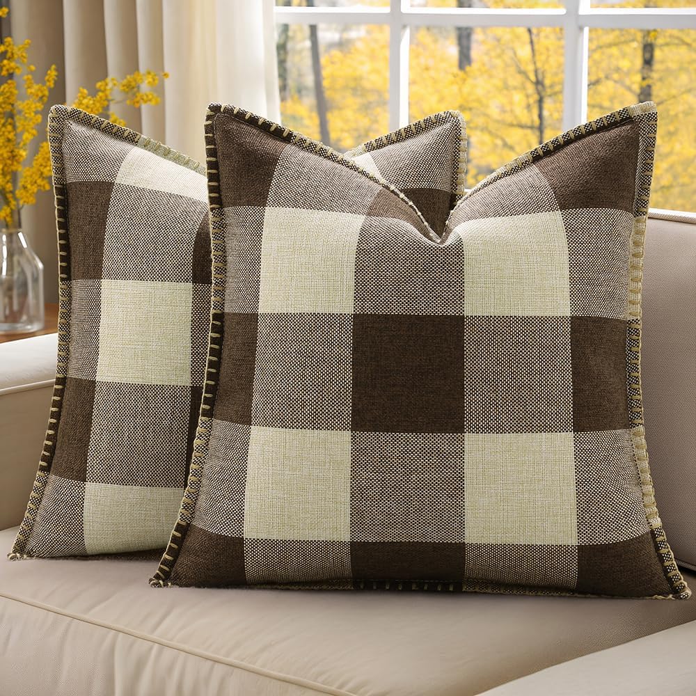 decorUhome Buffalo Plaid Check Throw Pillow Covers 22x22 Set of 2, Outdoor Decorative Farmhouse Neutral Pillow Covers with Stitched Edge for Bed Couch Sofa, Brown and Beige