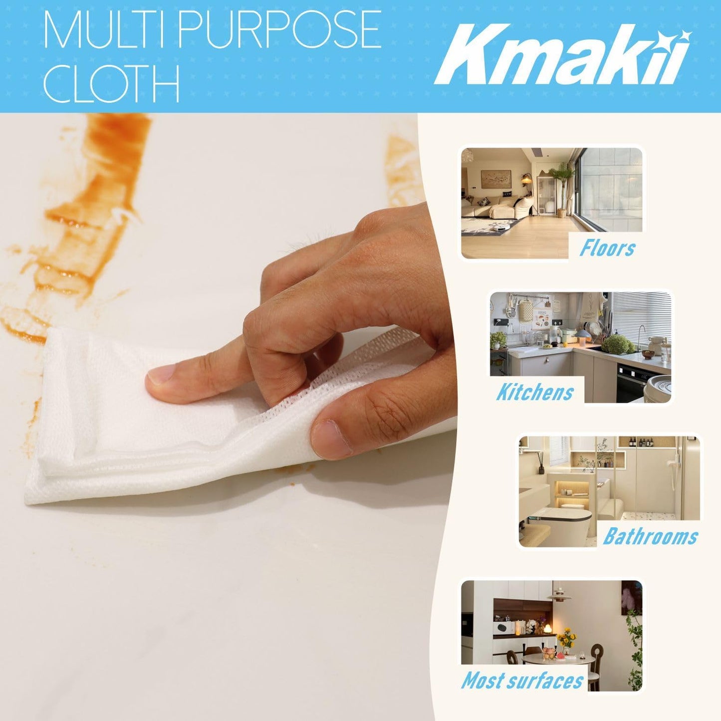 KMAKII Handi Wipe Reusable Cloths - Multi-Purpose Disposable Dish Cloths and Towels, Ultra Absorbent, Fast-Dry, Durable Cleaning Wipes for Kitchen and Home, White, 11.8 x 21 inches, Pack of 80
