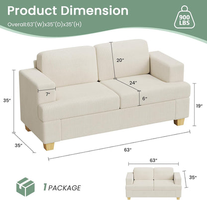 63" Corduroy Sofa Couch Loveseat for Living Room, Small Seep Seat Loveseat Sofa for Bedroom, Comfy Chenille Couch for Small Spaces, White Corduroy