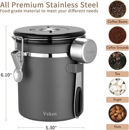 Veken Coffee Canister, Airtight Stainless Steel Kitchen Food Storage Container with Date Tracker and Scoop for Beans, Grounds, Tea, Flour, Cereal, Sugar, Cookies Jars, 16OZ Gray