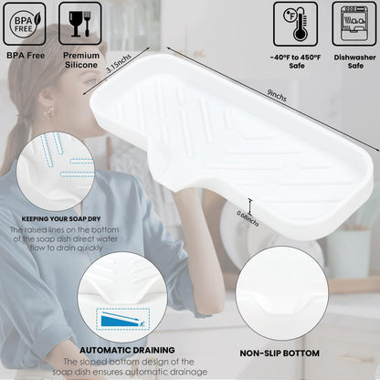 Silicone Bathroom Soap Dishes, Sponge Holder for Kitchen Sink, Shower Soap Holder with Drain, Soap Dispenser Tray, Soap Dish for Bottle, Cup, Sink or Counter Organizer - White 9" x 3.15"