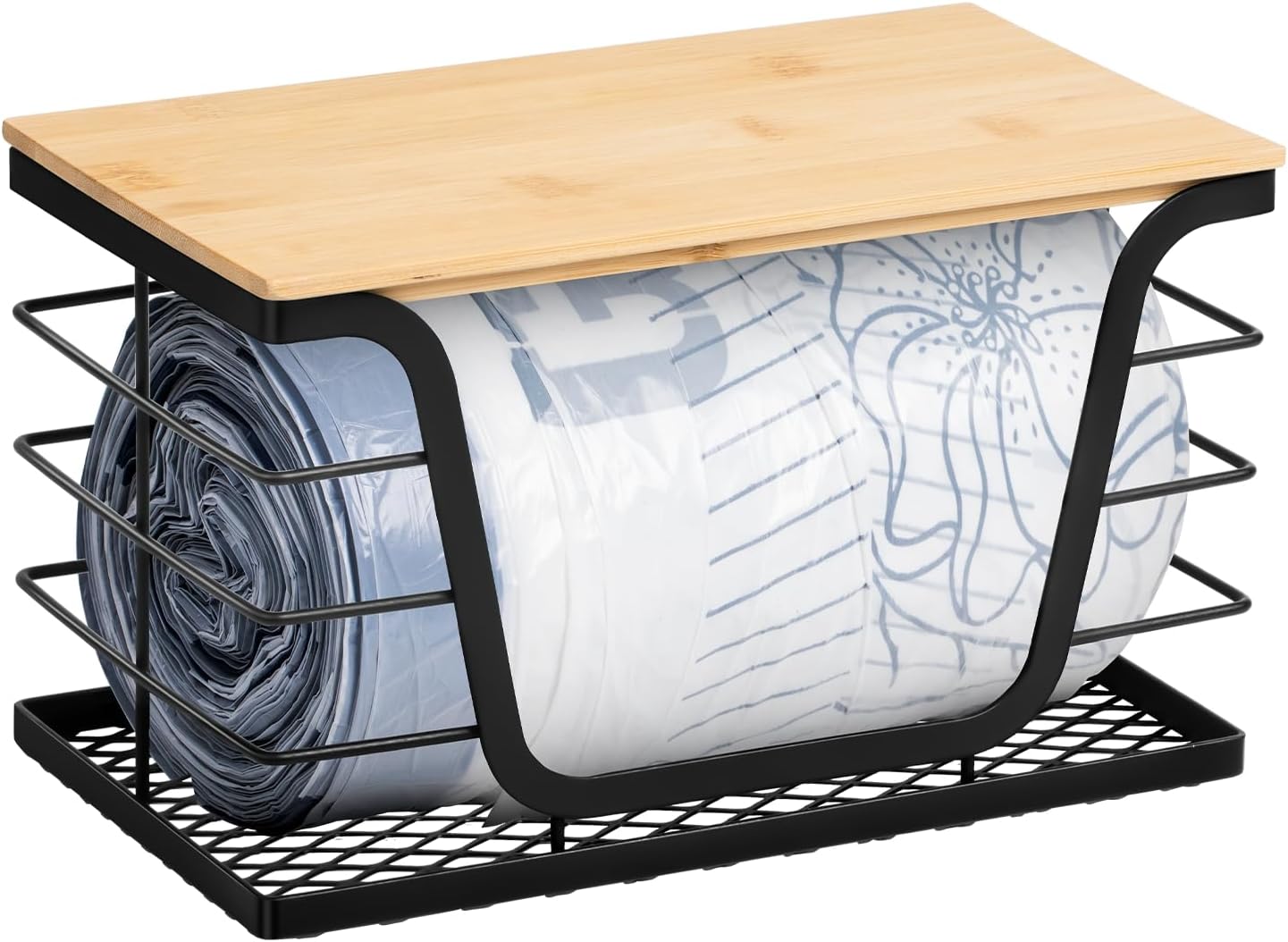 Wetheny Trash Bag Holder with Bamboo Top and Mesh Bottom, Stackable Garbage Bag Holder Dispenser Under Sink, Wall Mounted Storage for Kitchen Laundry Organizers, Black