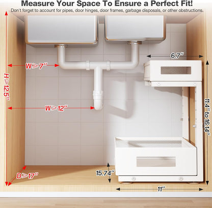 2-Pack Under Sink Storage Organizer, Large 2-Tier Elegant Mesh Pull Out Shelf for Kitchen and Bathroom Cabinet Organization, L-Shaped and Adjustable Height Design for Maximum Space Efficiency-White