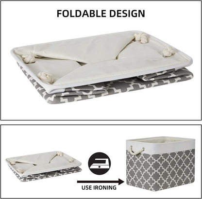 Bidtakay Large Fabric Storage Basket Set of 2 Collapsible Rectangle Basket for Shelves 16" X 11.8" X 11.8" Decorative Organizer Bins for Clothes Toys(White&Quatrefoil Grey)