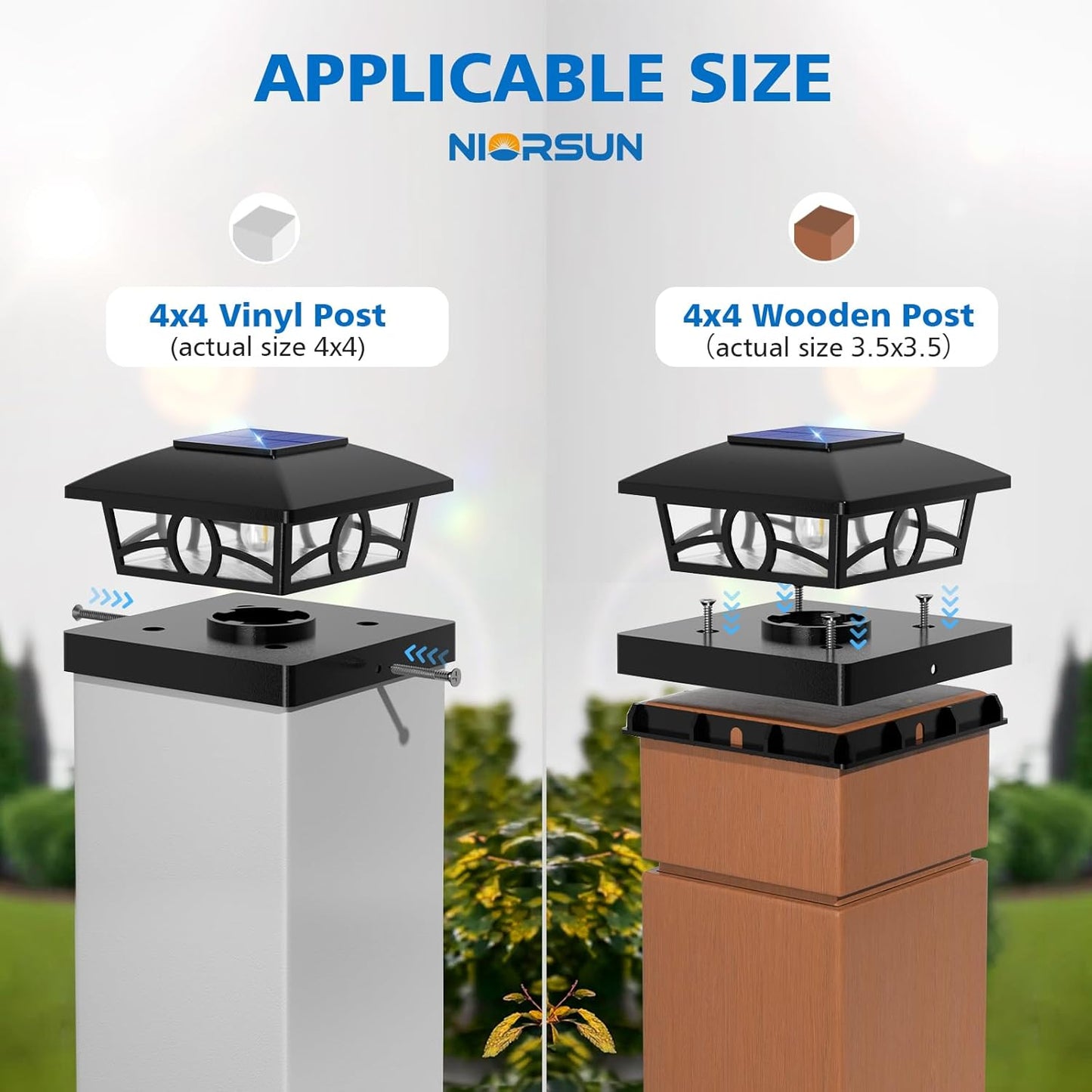 NIORSUN Solar Post Lights Outdoor, Fence Post Solar Lights Warm White Outdoor Waterproof Edison LED Bulbs Garden Patio Fence Deck Decor, Post Cap Lights 4x4 Wood Vinyl, Black 8 Pack