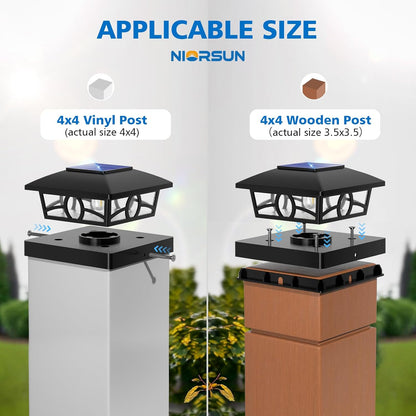 NIORSUN Solar Post Lights Outdoor, Fence Post Solar Lights Warm White Outdoor Waterproof Edison LED Bulbs Garden Patio Fence Deck Decor, Post Cap Lights 4x4 Wood Vinyl, Black 8 Pack
