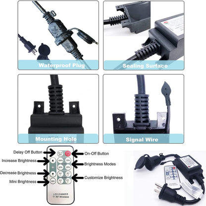 Max Power 200W Waterproof Outdoor String Lights Wireless Remote Control, 150Feet Range, Memory, Stepless Dimming, IP68 Waterproof. UL 3 Prong Remote Control Dimmer
