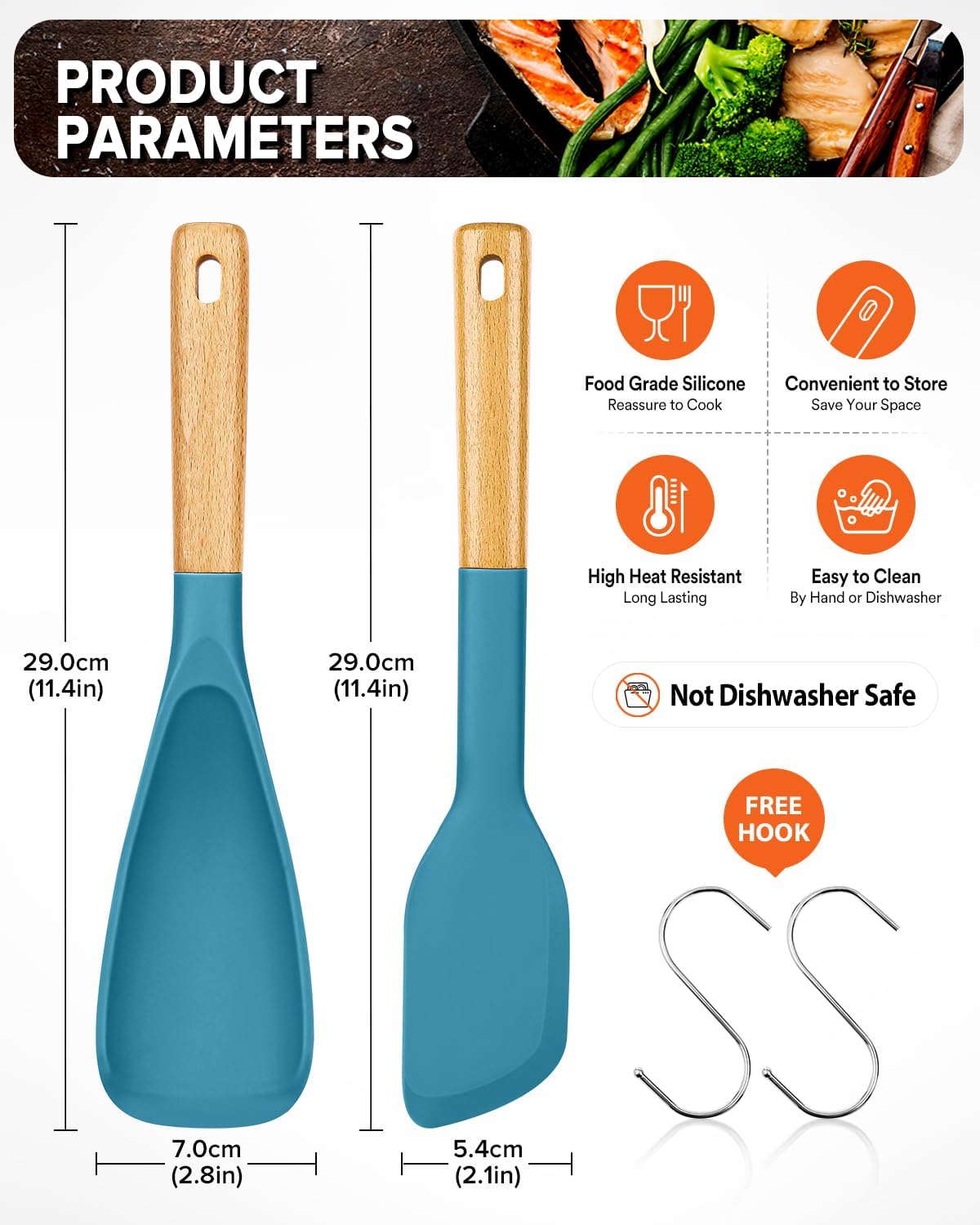 Cooking Spoon and Scraper for Nonstick Cookwares, Great for Cooking and Serving Durable BPA-Free Matte Silicone, Wood Handle Multifunction Spoon for Mixing, Scoop, and Scrape (BLUE)
