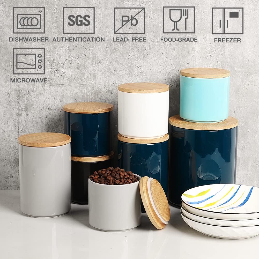 Sweejar Ceramic Kitchen Canister Sets, Porcelain Container for Countertop, Heavy Food Storage Jars with Airthight Seal Bamboo Lid, Servering for Sugar, Coffee Beans, Tea Leaves, Pack of 4（Gray）
