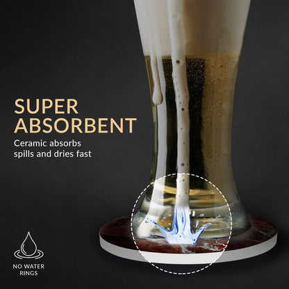 Emerson Coasters for Drinks Absorbent – Natural Stone Drink Coasters Set with Holder, Coasters for Coffee Table, Wooden Tabletop Protection Marble Style – 100% Heavy Duty Set of 6 (Ruby)