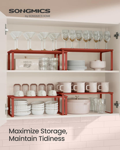 SONGMICS Cabinet Organizer Shelf, Set of 2 Kitchen Counter Shelves, Kitchen Storage, Spice Rack, Stackable, Expandable, Metal and Engineered Wood, Mandarin Red UKCS200Y02