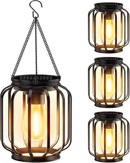 Solar Hanging Lanterns Outdoor Waterproof: 4 Pack Metal Solar-Powered Lights with Hook, Bright Warm Lantern Decor for Outside, Classic Outdoor Lighting for Yard Garden Patio Porch Balcony Decorations