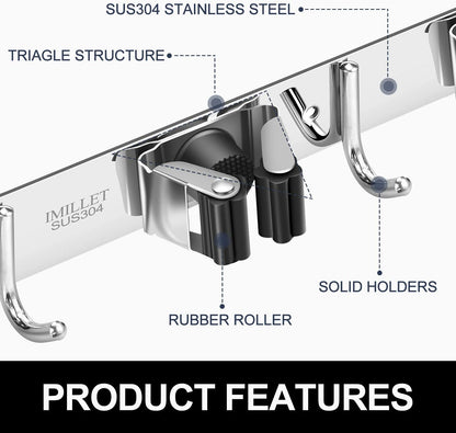 IMILLET Broom and Mop Holder Wall Mounted, Stainless Steel Broom Holder Mop Holder Self Adhesive Heavy Duty Hooks Storage Organizer for Home Laundry Room Garden Garage（3 Racks with 4 Hooks）