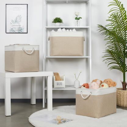 Bidtakay Large Storage Baskets for Organizing Fabric Closet Organizers Storage Bins with Handles 3-Pack 16x11.8x11.8 Inch Collapsible Baskets for Shelves Clothes Home Organization L-White&Beige