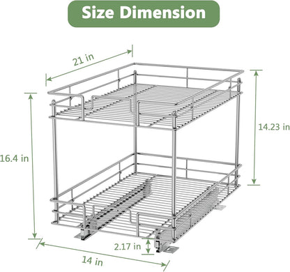 ROOMTEC Pull Out Cabinet Organizer, Kitchen Cabinet Organizer and Storage 2-Tier Cabinet Pull Out Shelves for Kitchen,Under Sink Organizers and Storage 14" W x 21" D Chrome