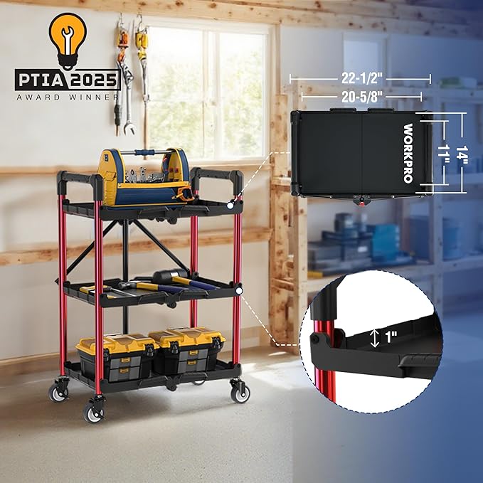 WORKPRO 3-Tier Collapsible Service Cart, 210 LBS Foldable Utility Service Cart with Wheels, Portable Tool Cart for Garage, Warehouse, Home, Restaurant, Office (No Assembly Required)