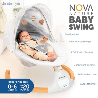 Jool Baby Nova Nature Baby Swing for Newborns – Natural Wood Toys, Electric Motorized Infant Swing, Bluetooth Music